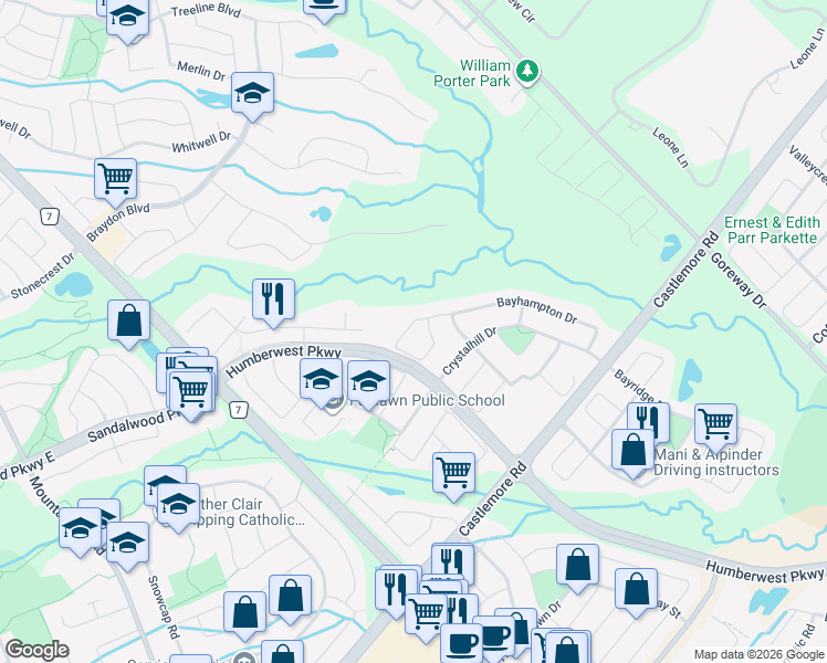 map of restaurants, bars, coffee shops, grocery stores, and more near 75 Bayhampton Drive in Brampton