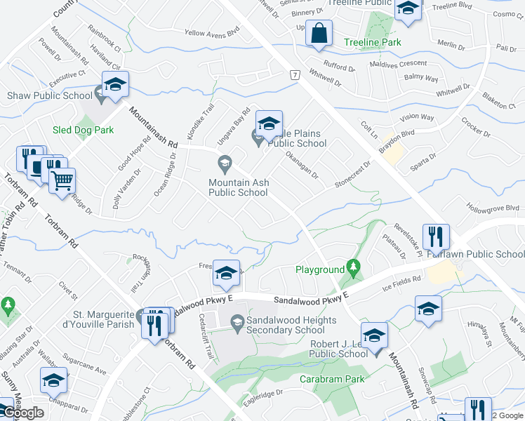 map of restaurants, bars, coffee shops, grocery stores, and more near 8 Crevice Gate in Brampton