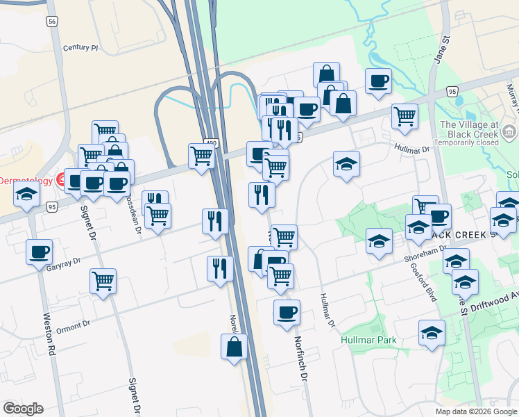 map of restaurants, bars, coffee shops, grocery stores, and more near 370 Norfinch Drive in Toronto