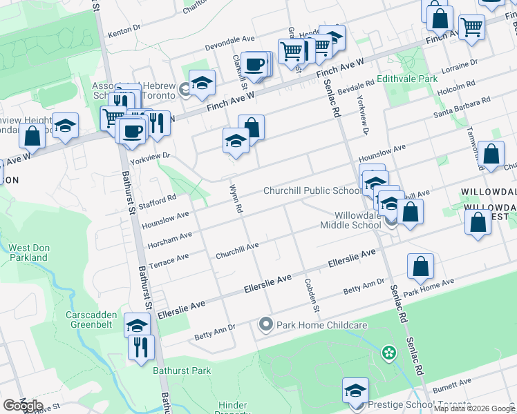 map of restaurants, bars, coffee shops, grocery stores, and more near 344 Horsham Avenue in Toronto