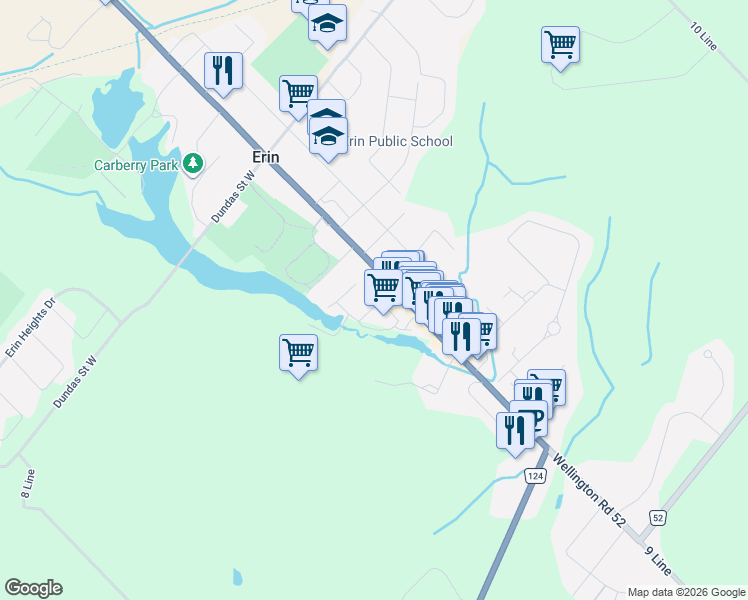 map of restaurants, bars, coffee shops, grocery stores, and more near 12 Church Boulevard in Erin