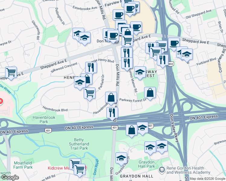 map of restaurants, bars, coffee shops, grocery stores, and more near 50 Skyview Crescent in Toronto