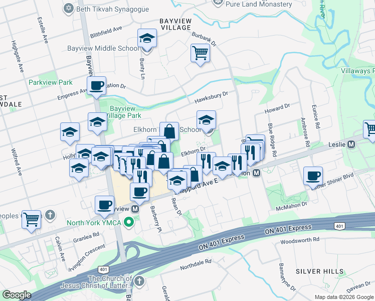 map of restaurants, bars, coffee shops, grocery stores, and more near 22 Elkhorn Drive in Toronto