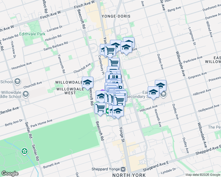 map of restaurants, bars, coffee shops, grocery stores, and more near 5180 Yonge Street in Toronto