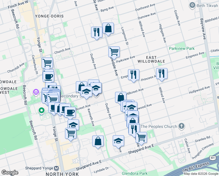 map of restaurants, bars, coffee shops, grocery stores, and more near 176 Princess Avenue in Toronto