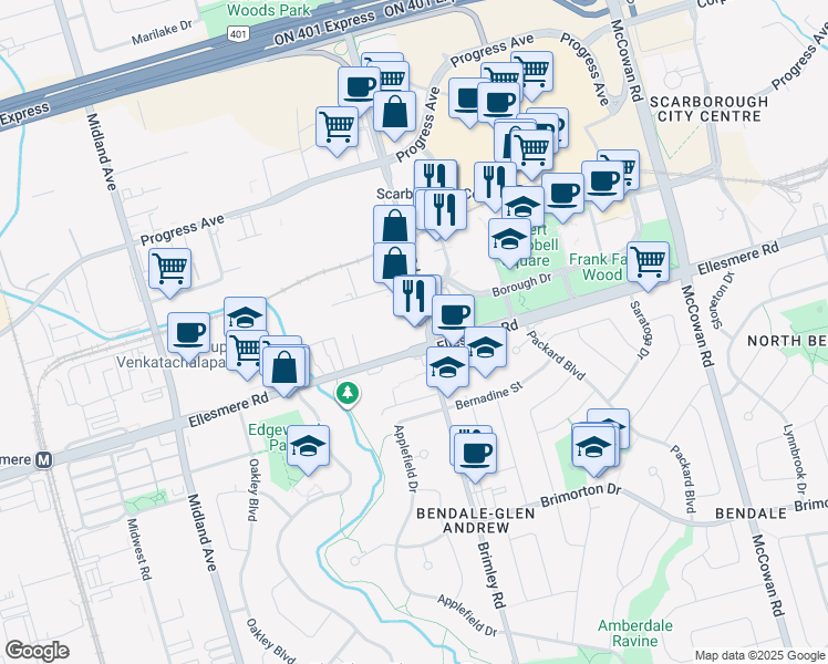 map of restaurants, bars, coffee shops, grocery stores, and more near in Scarborough