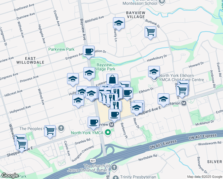 map of restaurants, bars, coffee shops, grocery stores, and more near 8 Bayview Mews Lane in Toronto