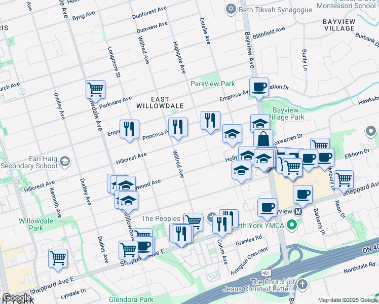 map of restaurants, bars, coffee shops, grocery stores, and more near 274 Elmwood Avenue in Toronto