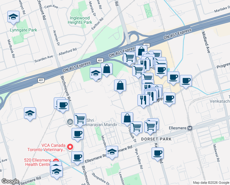map of restaurants, bars, coffee shops, grocery stores, and more near 100 Dundalk Drive in Toronto