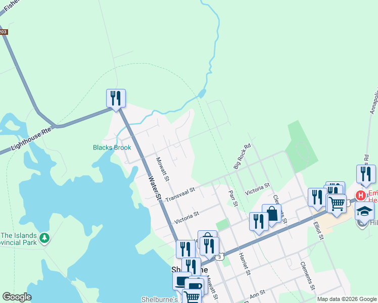 map of restaurants, bars, coffee shops, grocery stores, and more near 238 Digby Street in Shelburne