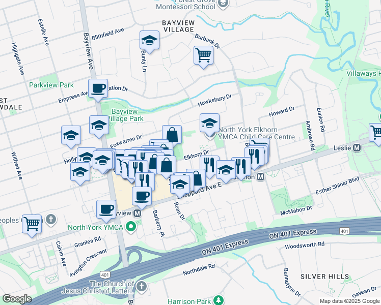 map of restaurants, bars, coffee shops, grocery stores, and more near 22 Elkhorn Drive in Toronto