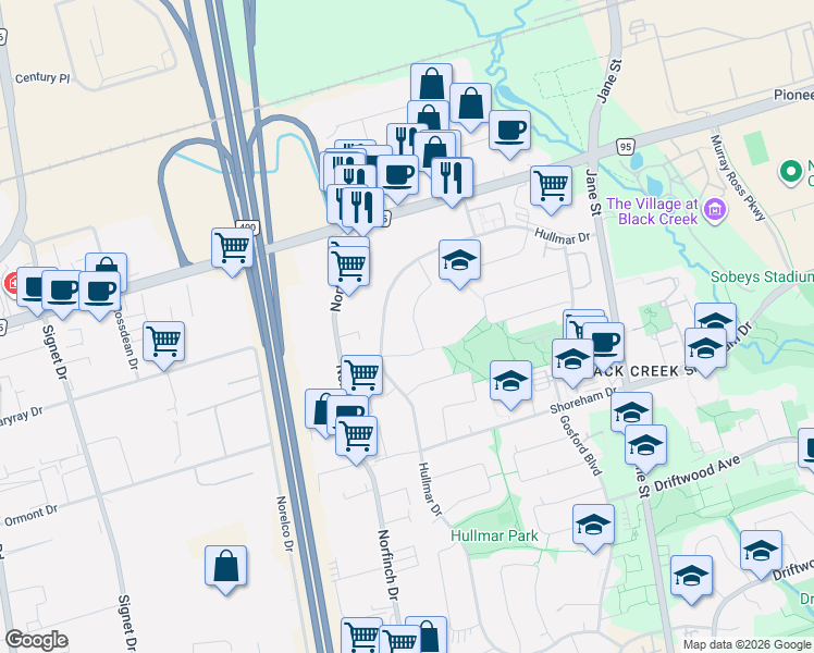 map of restaurants, bars, coffee shops, grocery stores, and more near 58 Hisey Crescent in Toronto