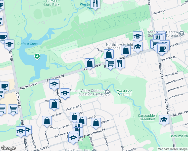map of restaurants, bars, coffee shops, grocery stores, and more near 623 Finch Avenue West in Toronto