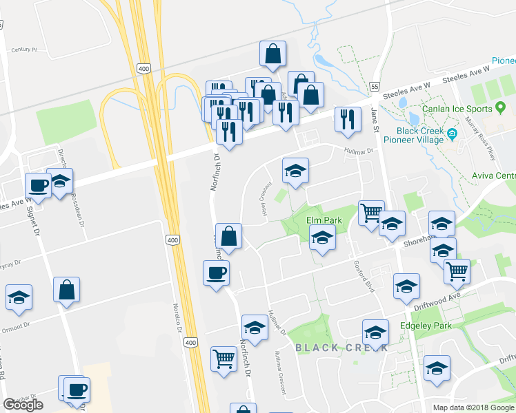 map of restaurants, bars, coffee shops, grocery stores, and more near 58 Hisey Crescent in Toronto