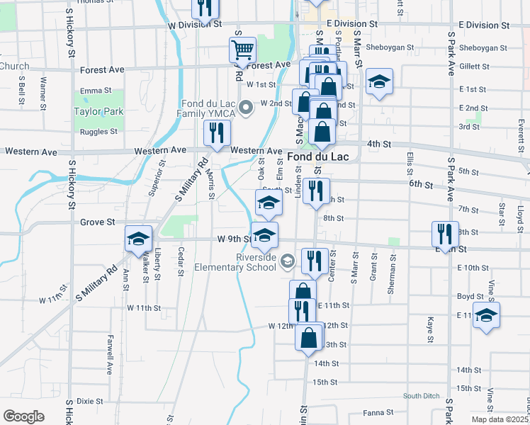 map of restaurants, bars, coffee shops, grocery stores, and more near 72 West 9th Street in Fond du Lac