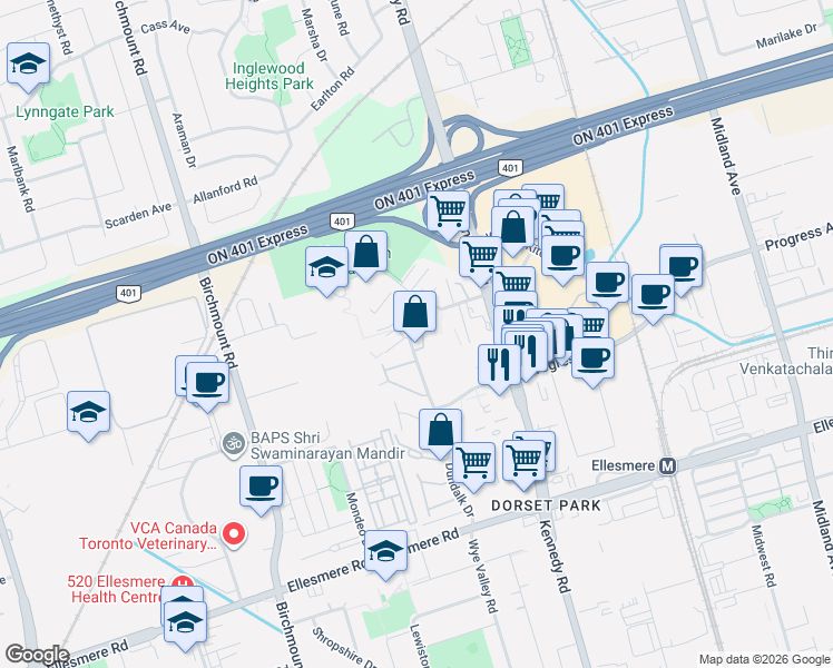 map of restaurants, bars, coffee shops, grocery stores, and more near 101 Dundalk Drive in Toronto