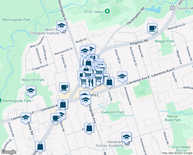 map of restaurants, bars, coffee shops, grocery stores, and more near 4218 Lawrence Avenue East in Scarborough