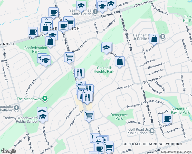 map of restaurants, bars, coffee shops, grocery stores, and more near in Toronto
