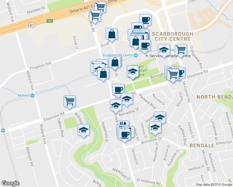 map of restaurants, bars, coffee shops, grocery stores, and more near 1401 Ellesmere Road in Toronto