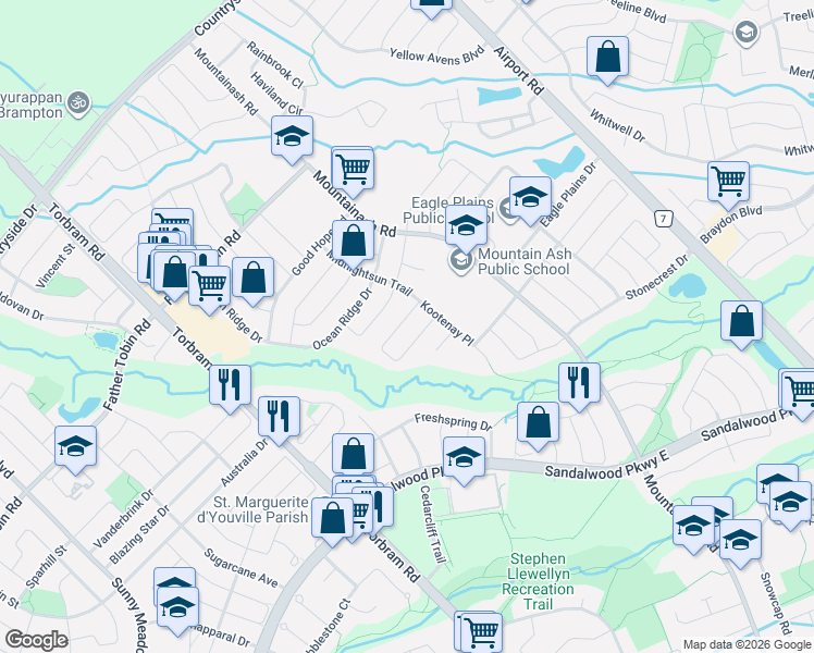 map of restaurants, bars, coffee shops, grocery stores, and more near 47 Cape Dorset Crescent in Brampton