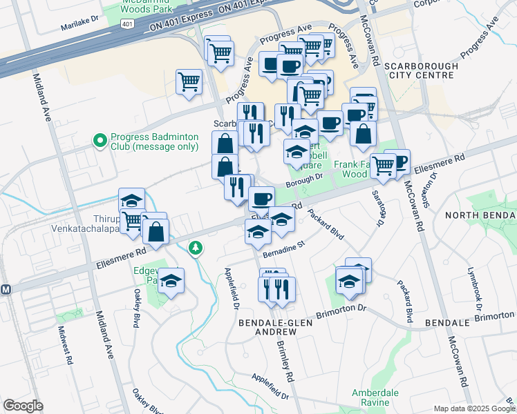 map of restaurants, bars, coffee shops, grocery stores, and more near 123 Omni Drive in Toronto