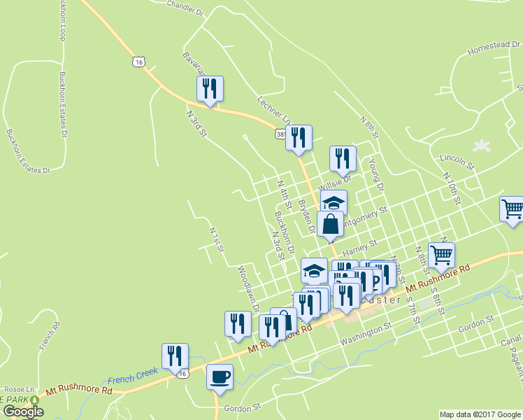 map of restaurants, bars, coffee shops, grocery stores, and more near 400 North 3rd Street in Custer