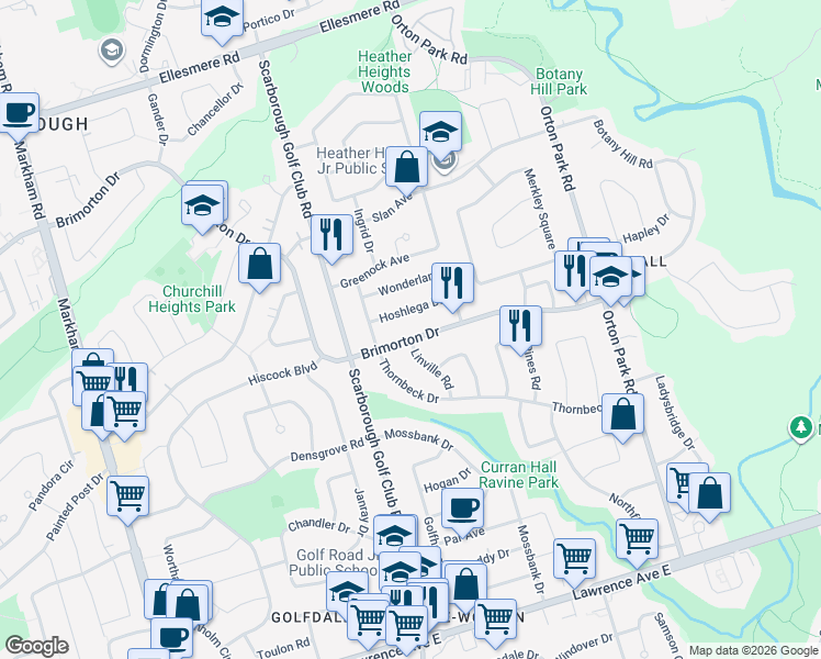 map of restaurants, bars, coffee shops, grocery stores, and more near 878 Brimorton Drive in Toronto
