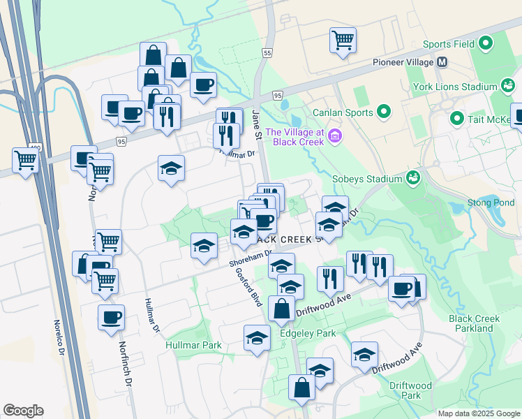 map of restaurants, bars, coffee shops, grocery stores, and more near 4750 Jane Street in Toronto