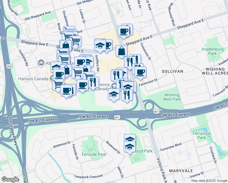 map of restaurants, bars, coffee shops, grocery stores, and more near in Toronto