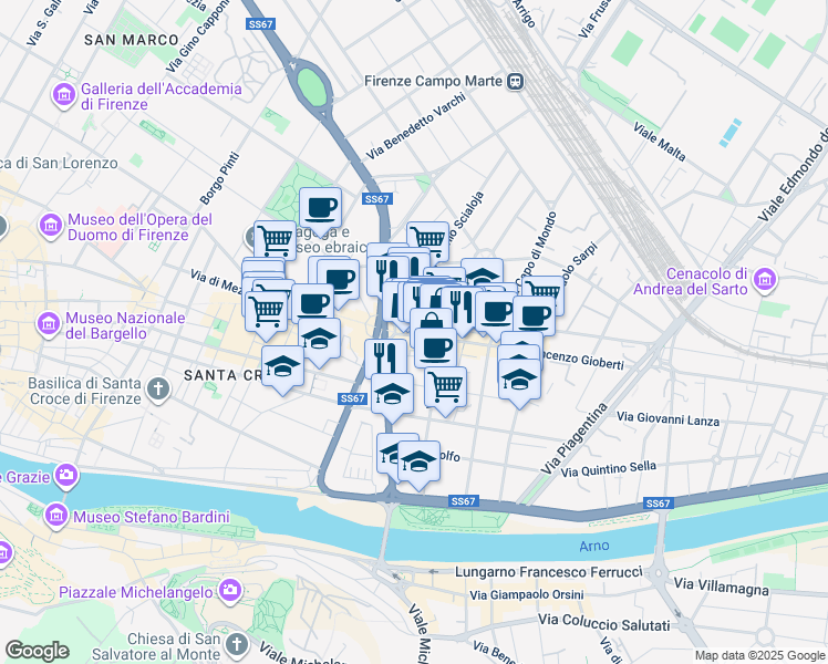 map of restaurants, bars, coffee shops, grocery stores, and more near 82 Via Vincenzo Gioberti in Firenze
