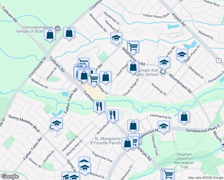 map of restaurants, bars, coffee shops, grocery stores, and more near 70 Ocean Ridge Drive in Brampton