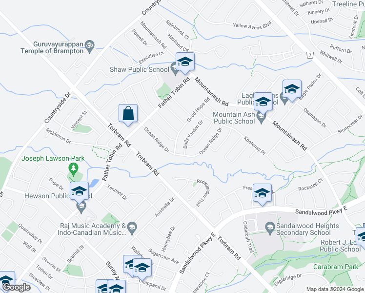 map of restaurants, bars, coffee shops, grocery stores, and more near 42 Dolly Varden Drive in Brampton