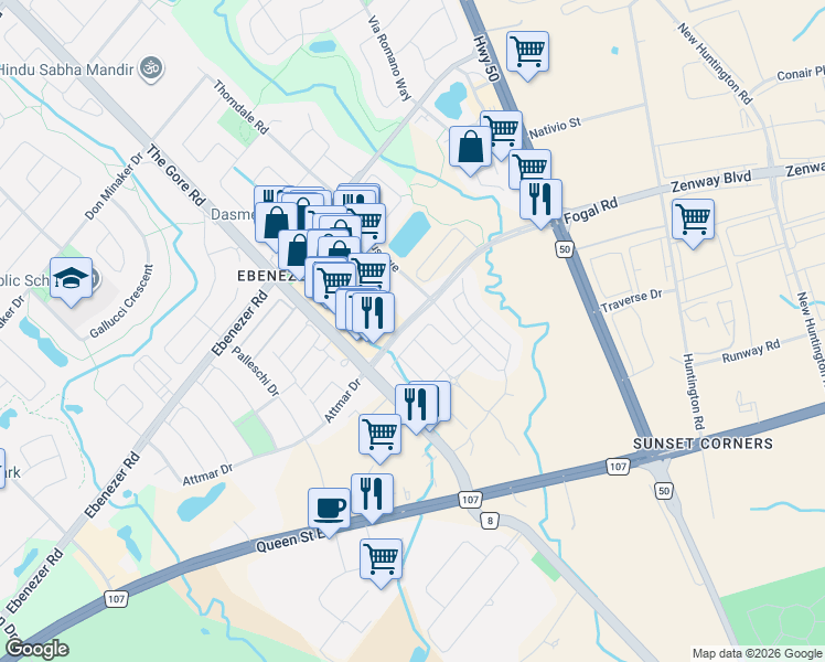 map of restaurants, bars, coffee shops, grocery stores, and more near 118 Purple Sage Drive in Brampton