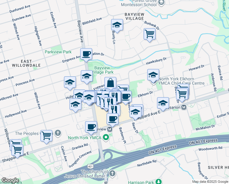 map of restaurants, bars, coffee shops, grocery stores, and more near 2911 Bayview Avenue in Toronto