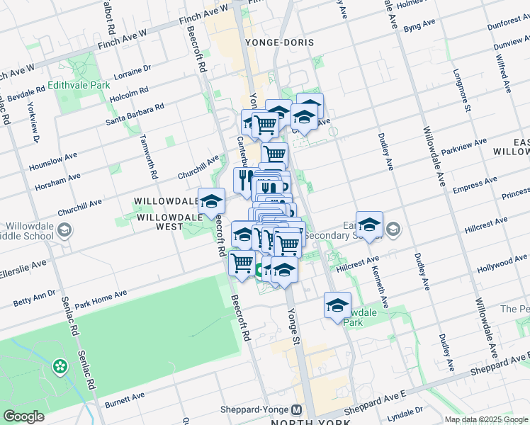 map of restaurants, bars, coffee shops, grocery stores, and more near 5200 Yonge Street in Toronto