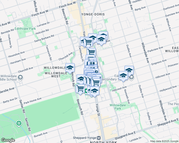 map of restaurants, bars, coffee shops, grocery stores, and more near 5200 Yonge Street in Toronto