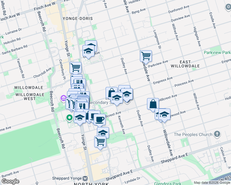 map of restaurants, bars, coffee shops, grocery stores, and more near 108 Empress Avenue in Toronto
