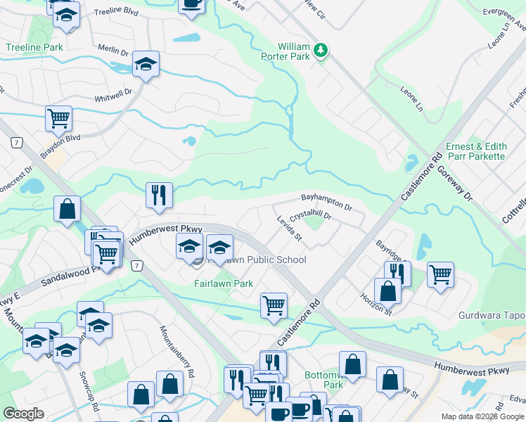 map of restaurants, bars, coffee shops, grocery stores, and more near 172 Bayhampton Drive in Brampton