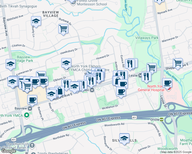 map of restaurants, bars, coffee shops, grocery stores, and more near 780 Sheppard Avenue East in Toronto
