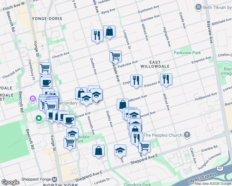 map of restaurants, bars, coffee shops, grocery stores, and more near 173 Princess Avenue in Toronto