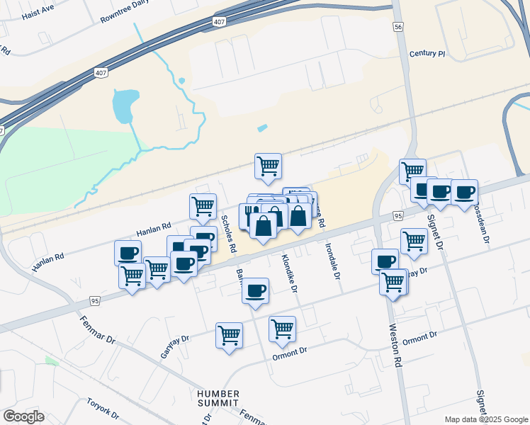 map of restaurants, bars, coffee shops, grocery stores, and more near 201-4000 Steeles Avenue West in Vaughan