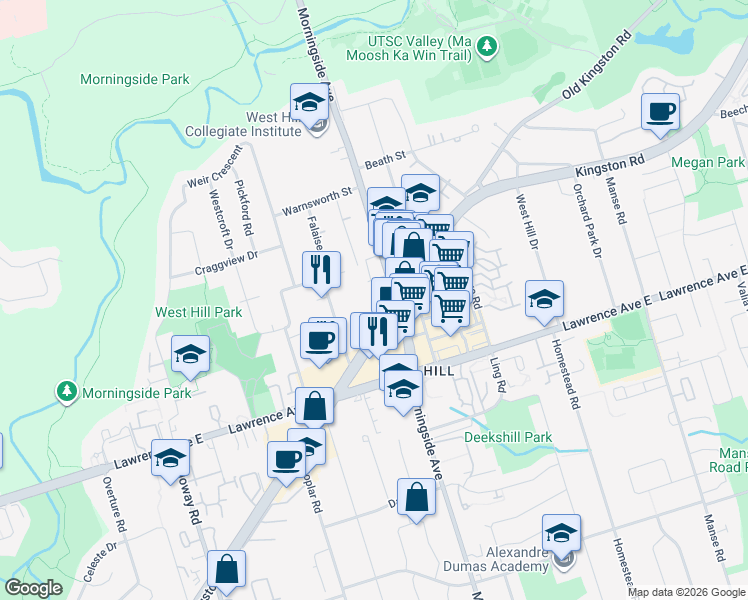 map of restaurants, bars, coffee shops, grocery stores, and more near 280 Morningside Avenue in Toronto