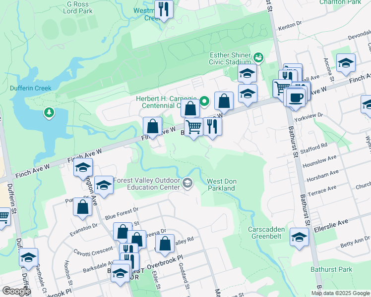 map of restaurants, bars, coffee shops, grocery stores, and more near 1906-605 Finch Avenue West in Toronto