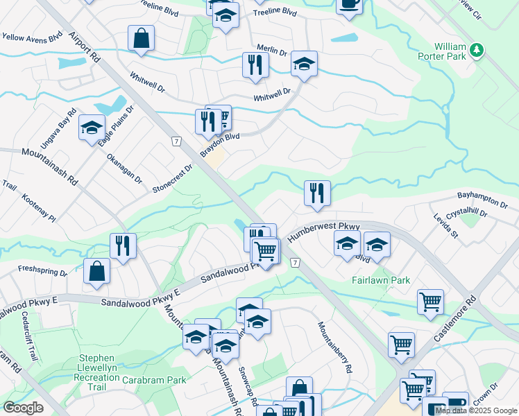 map of restaurants, bars, coffee shops, grocery stores, and more near in Brampton