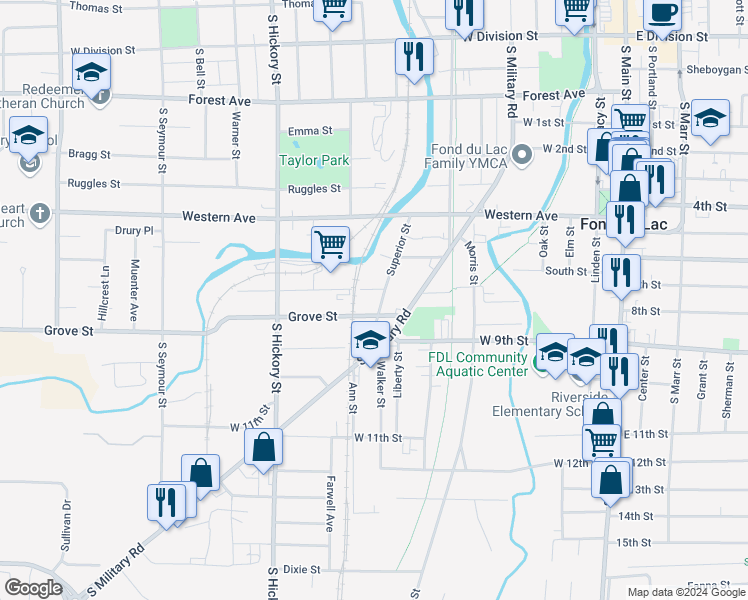 map of restaurants, bars, coffee shops, grocery stores, and more near 334 Superior Street in Fond du Lac