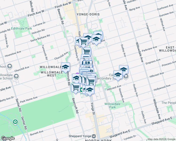 map of restaurants, bars, coffee shops, grocery stores, and more near 5205 Yonge Street in Toronto