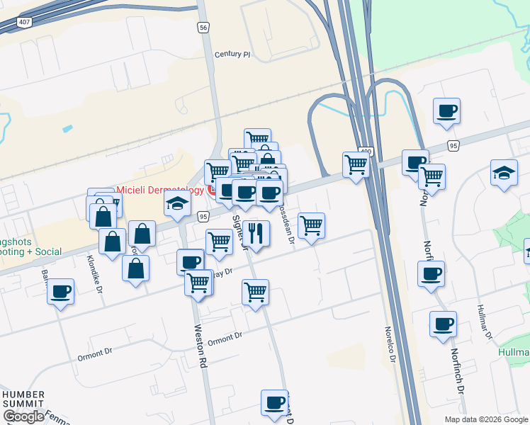 map of restaurants, bars, coffee shops, grocery stores, and more near 4801 Steeles Avenue West in Toronto