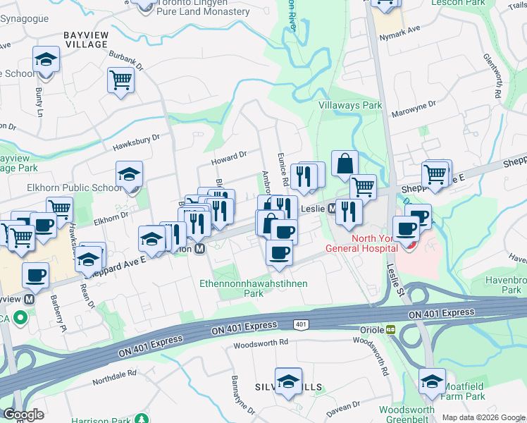 map of restaurants, bars, coffee shops, grocery stores, and more near 44 Protea Gardens in Toronto