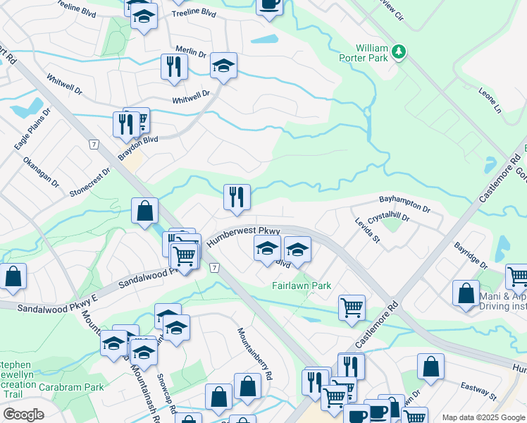 map of restaurants, bars, coffee shops, grocery stores, and more near 23 Hollowgrove Boulevard in Brampton
