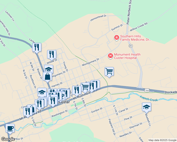 map of restaurants, bars, coffee shops, grocery stores, and more near 918 Harney Street in Custer